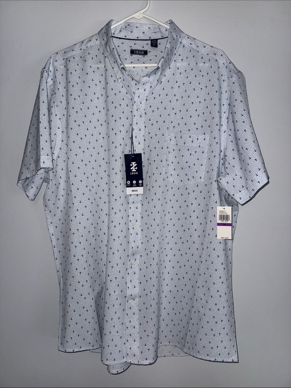 Izod Light Blue Short Sleeve Button-Down with Navy Palm Motif